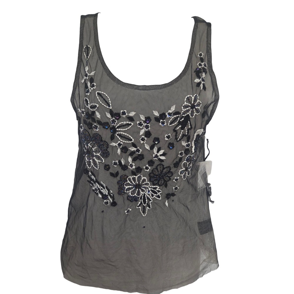 Zinoy Black Sheer Mesh Floral Embroidered Sequin Beaded Tank Top M Y2K